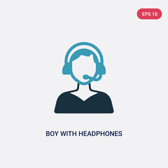 two color boy with headphones vector icon from music concept. isolated blue boy with headphones vector sign symbol can be use for web, mobile and logo. eps 10