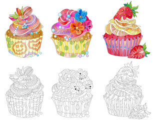 Vector set of cupcakes with strawberry, flowers and abstract ornaments.