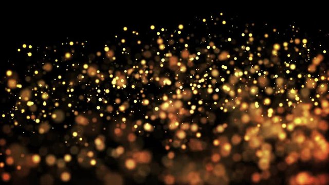 gold particles in liquid float and glisten. Background with glittering golden particles depth of field and bokeh. Luma matte to cut out glowing particles for holiday presentations. 4k 3d animation. 9