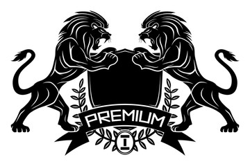 Premium sign with lions and shield on white background.