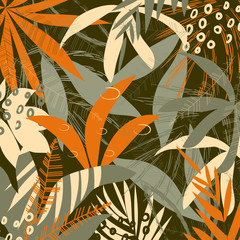 Abstract pattern with tropical leaves and plants on a green geometric background. Vector design. Jungle print. Textiles and printing. Floral background.