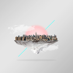 The city-sight like a top of an iceberg on grey background. Concept of interaction of showplaces with the nature objects. Negative space. Modern design. Contemporary and creative art collage.