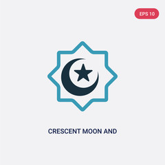 two color crescent moon and star vector icon from religion concept. isolated blue crescent moon and star vector sign symbol can be use for web, mobile and logo. eps 10