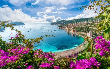 Foto auf Acrylglas Villefranche-sur-Mer, Französische Riviera Luftaufnahme der Küste der Côte d& 39 Azur mit mittelalterlicher Stadt Villefranche sur Mer, Region Nizza, Frankreich