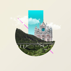 Castle, bridge and meadows with the clouds. Concept of interaction of city sights or showplaces...