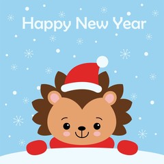 Merry Christmas gift card with cute hedgehog wearing with red scarf and Santa hat. Vector illustration.