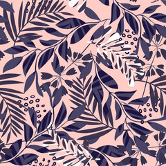 Fototapeta na wymiar Abstract seamless pattern with tropical leaves and plants on pastel background. Vector design. Jungle print. Textiles and printing. Floral background.