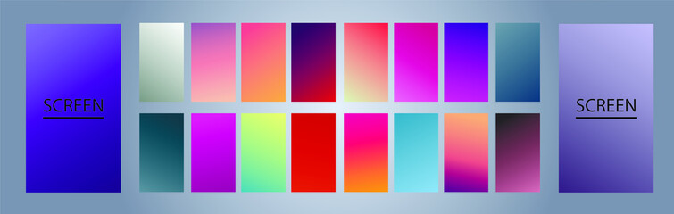 Vector EPS 10 Gradient Set. Different colors. Modern Smartphone screen, mobile app Template. Design for Wallpaper, background, banner, flyer, Social media post. 
