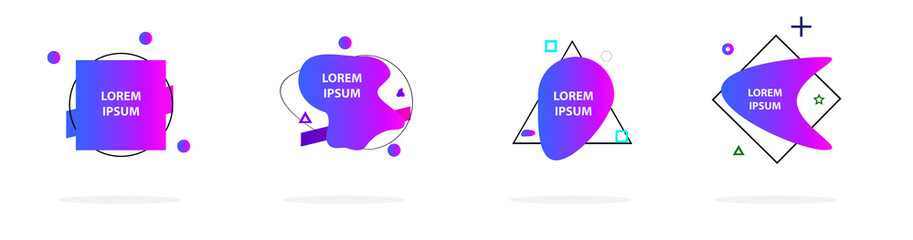 Modern geometric badges set. Colorful vector gradient shapes composition. Trendy minimal design. 3D futuristic style 