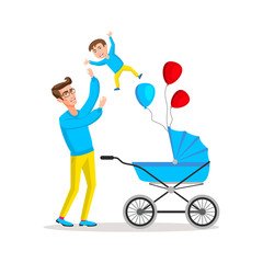 man carrying young boy. Smiling dad holding son. Joyful father playing with his little kid. Happy family. Cute cartoon characters isolated on white background. Colorful vector illustration