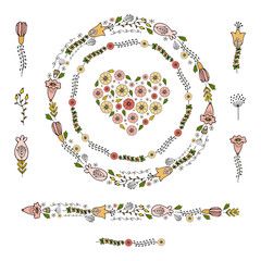 Floral round garland and endless pattern brush made of stylized herbs. Flowers for romantic design, decoration, greeting cards, posters, wedding invitations, advertisement