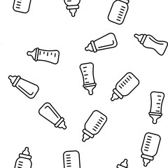 Baby Bottle, Childcare Equipment Vector Linear Icons Seamless Pattern. Baby Bottles with Latex, Silicone Nipples for Feeding Infants. Sippy Cups Thin Line Pictograms. Plastic Containers for Liquid