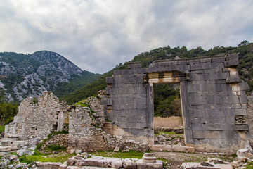 Fototapeta na wymiar Olympos ancient city, ruins of view, walls and sarcophagi