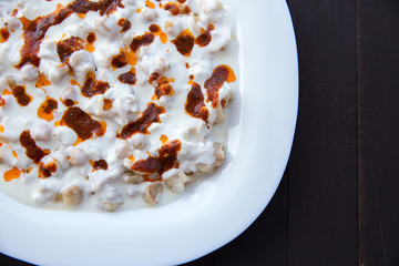 Traditional Turkish food, manti (mantı) with yogurt