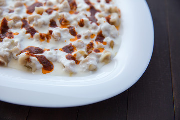 Traditional Turkish food, manti (mantı) with yogurt