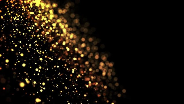 gold particles in liquid float and glisten. Background with glittering golden particles depth of field and bokeh. Luma matte to cut out glowing particles for holiday presentations. 4k 3d animation. 16