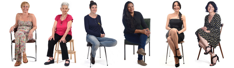 group of women sitting on chair on white background