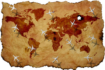 World map on old parchment with flying planes