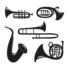 Set of wind instruments on the white background.