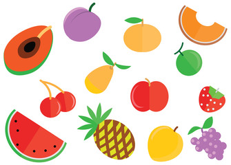 Cartoon doodles pack fruits flat color food icons summer background