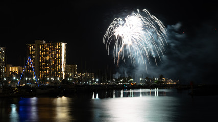 Friday night fireworks at Waikiki Beach, Honolulu cityscape at night, with negative space of blackness.