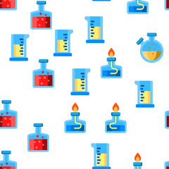 Test Tubes And Flasks Vector Color Icons Seamless Pattern. Chemistry Tubes With Liquid Linear Symbols Pack. Scientific Glassware With Chemical Fluid. Laboratory Research, Lab Equipment Illustration