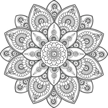 Black complex doodle mandala on a transparent background, for printable coloring