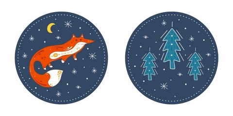 Naklejka premium Cute poster with a red fox and fir on the background of winter. Isolated flat illustration of animal in doodle style. With a design element of spruce and stars.