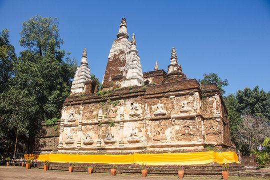 Full view of the Maha chedi of Wat Chet Yot in Chiang Mai, Thailand.