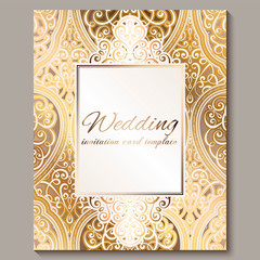 Wedding invitation card with gold shiny eastern and baroque rich foliage. Ornate islamic background for your design. Islam, Arabic, Indian, Dubai.