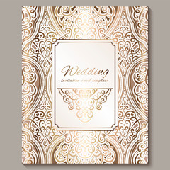Wedding invitation card with gold shiny eastern and baroque rich foliage. Ornate islamic background for your design. Islam, Arabic, Indian, Dubai.