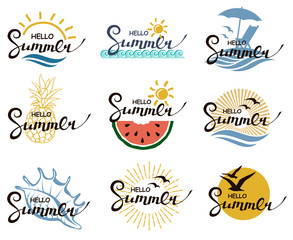 emblems collection of hello summer lettering with beach, pineapple and watermelon isolated on white background © Alexkava