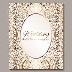 Wedding invitation card with gold shiny eastern and baroque rich foliage. Ornate islamic background for your design. Islam, Arabic, Indian, Dubai.