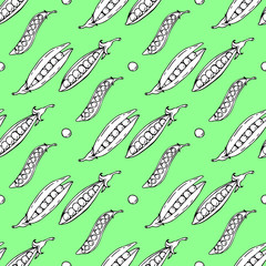 Seamless pattern with black and white contour peas on bright green background