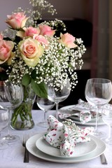 Beautiful holiday table setting with flowers