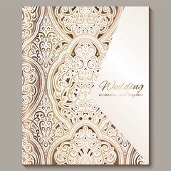 Wedding invitation card with gold shiny eastern and baroque rich foliage. Ornate islamic background for your design. Islam, Arabic, Indian, Dubai.