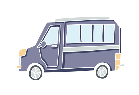 Cute illustration of a doodle car. Pastel colored vector bus with white outline.