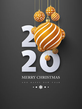 2020 New Year sign with 3d hanging baubles. Black background. Christmas holiday design. Vector illustration.