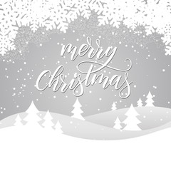 Merry Christmas card with winter landscape on grey background. Vector illustration