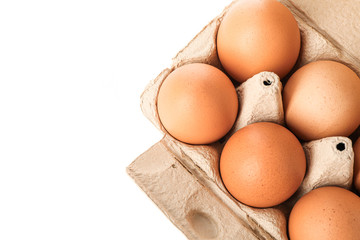 Brown chicken eggs in carton box isolated on white background, top view
