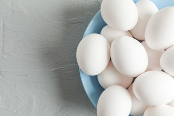 White chicken eggs in plate on grey table, space for text and top view