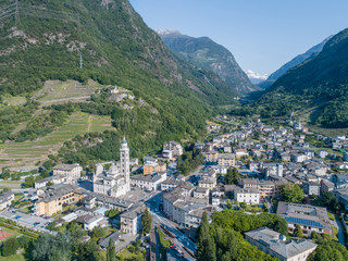 Fototapeta na wymiar City of Tirano in Valtellina and valley of Poschiavo. Aerial view