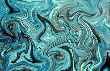 Marble abstract acrylic background. Blue marbling artwork texture. Agate ripple pattern. Gold powder.