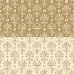 Seamless patterns with various whimsical flowers. Two-color, beige. Suzani tribal style. Swatches are included in file. 