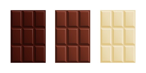 Milk, dark and white chocolate bars set