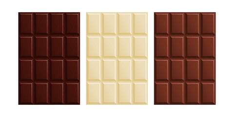 Milk, dark and white chocolate bars set
