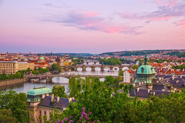 Fototapeta na wymiar Prague landscape, Czech Republic. Bridges city sunset panorama
