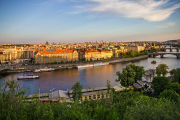 Prague bridges, city sunset panorama, Czech Republic