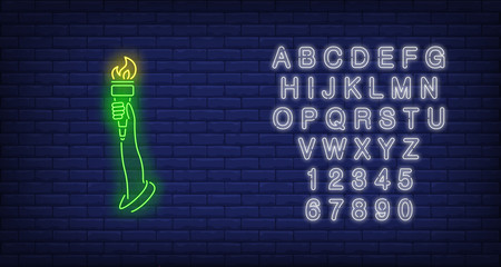 Statue of Liberty arm neon sign. Green hand, torch, flame, 4th of July. Vector illustration in neon style for festive independence day banners, light billboards, posters © RedlineVector