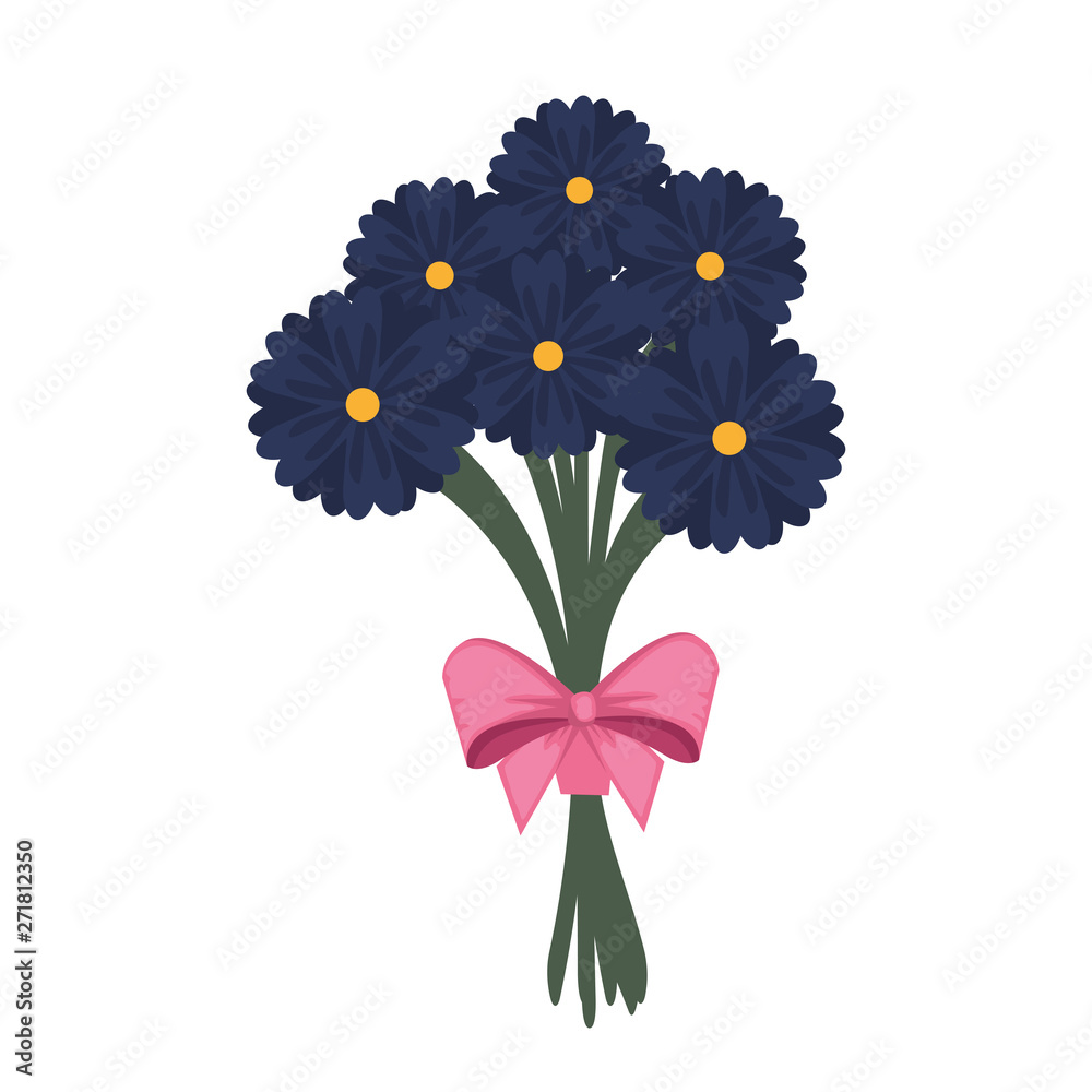 Sticker beautiful flowers bouquet with bowtie vector illustration